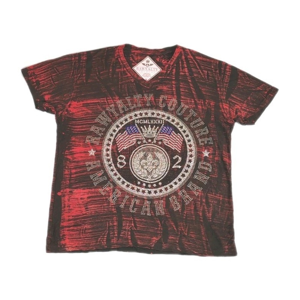 MCM 82 Rawyalty Couture Rhinestone Beaded  Crown & Flag  T-Shirt V-Neck Mens LG